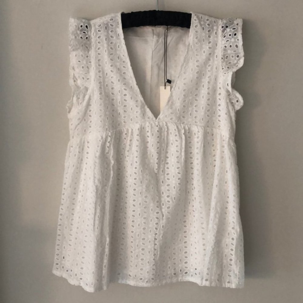 Flowy White V Neck Top with Ruffle Sleeves